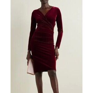 Talbot Runhof Wrap Effect Velvet Dress Deep Red Long Sleeve Knee Length Size 2